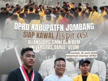 Aliansi Meligat Indobesia, GMNI Jomvabg dan BEM Undar menggelar aksi unjuk rasa di hakaman gedung DPRD Jombang, Jumat, 19 Juni 2026. Fiti: instagram@dord-jombang