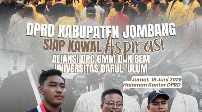 Aliansi Meligat Indobesia, GMNI Jomvabg dan BEM Undar menggelar aksi unjuk rasa di hakaman gedung DPRD Jombang, Jumat, 19 Juni 2026. Fiti: instagram@dord-jombang