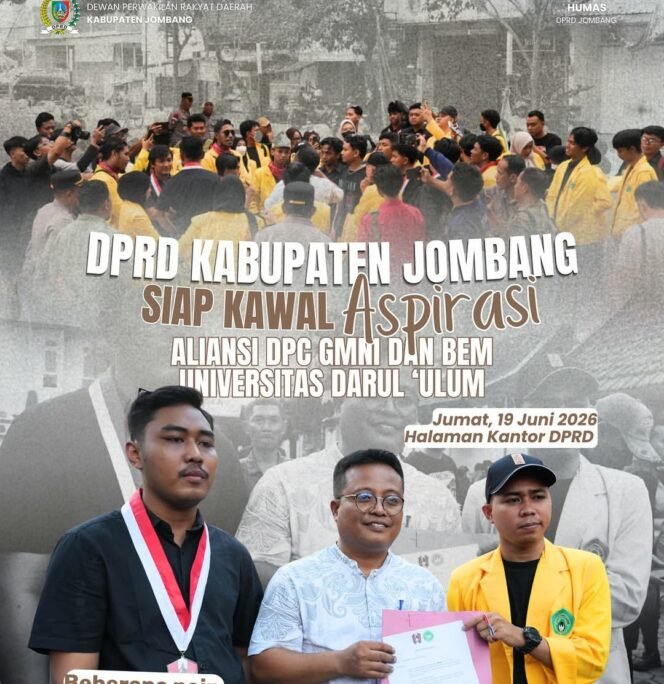 
					Aliansi Meligat Indobesia, GMNI Jomvabg dan BEM Undar menggelar aksi unjuk rasa di hakaman gedung DPRD Jombang, Jumat, 19 Juni 2026. Fiti: instagram@dord-jombang