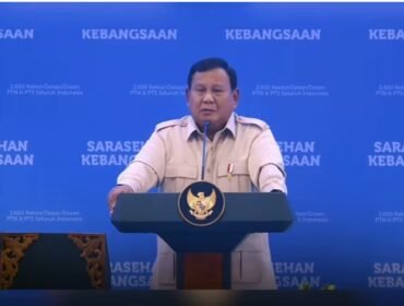 Presiden Prabowo Subianto sedang berpidato pada acara Sarasehan Kebangsaan Komunitas Sinergi Tata Kelola Indonesia (KSTI) 2026 di Jakarta Convention Center, Jumat, 26 Juni 2026. Foto: instagram@cvault.id