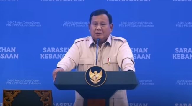 Presiden Prabowo Subianto sedang berpidato pada acara Sarasehan Kebangsaan Komunitas Sinergi Tata Kelola Indonesia (KSTI) 2026 di Jakarta Convention Center, Jumat, 26 Juni 2026. Foto: instagram@cvault.id