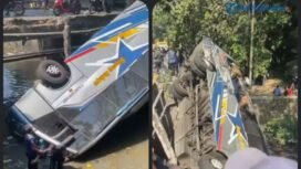 Sebuag kecelakaan maut terjadi di jembatan Paron, Bagor, Nganjuk. Melibatkan bua PRO Sugeng Rahayu melawan teuk Fuso, Sabtu 4 Juli 2026. Menyebabkan dua orang tewas dan 14 luka luka. Foto: kabarbaikdotco