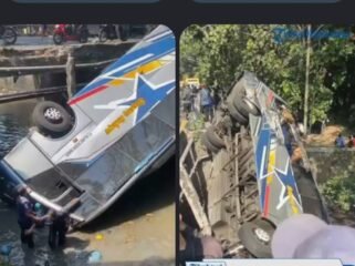 Sebuag kecelakaan maut terjadi di jembatan Paron, Bagor, Nganjuk. Melibatkan bua PRO Sugeng Rahayu melawan  teuk Fuso, Sabtu 4 Juli 2026. Menyebabkan dua orang tewas dan 14 luka luka. Foto: kabarbaikdotco