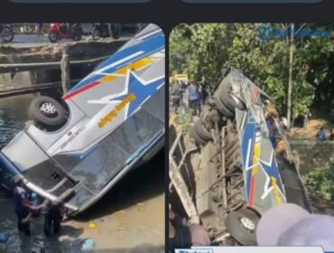 Sebuag kecelakaan maut terjadi di jembatan Paron, Bagor, Nganjuk. Melibatkan bua PRO Sugeng Rahayu melawan  teuk Fuso, Sabtu 4 Juli 2026. Menyebabkan dua orang tewas dan 14 luka luka. Foto: kabarbaikdotco