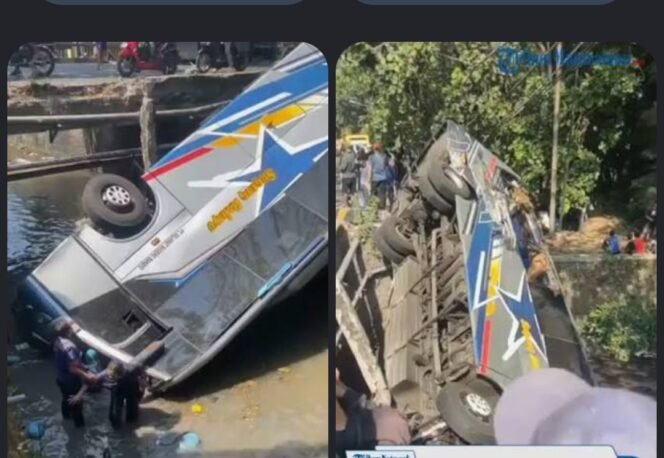 
					Sebuag kecelakaan maut terjadi di jembatan Paron, Bagor, Nganjuk. Melibatkan bua PRO Sugeng Rahayu melawan  teuk Fuso, Sabtu 4 Juli 2026. Menyebabkan dua orang tewas dan 14 luka luka. Foto: kabarbaikdotco
