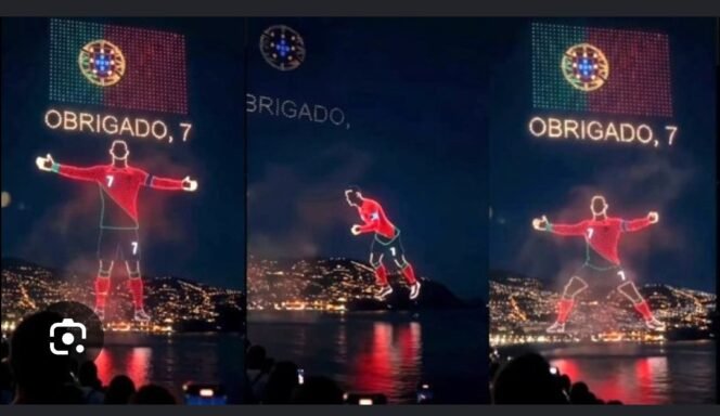 
					Warga Pulau Madeira, Portugal, memberi penghormatam kepada Cristiano Rinaldo, lewat 8.000 drone cerdas. Fito: ist