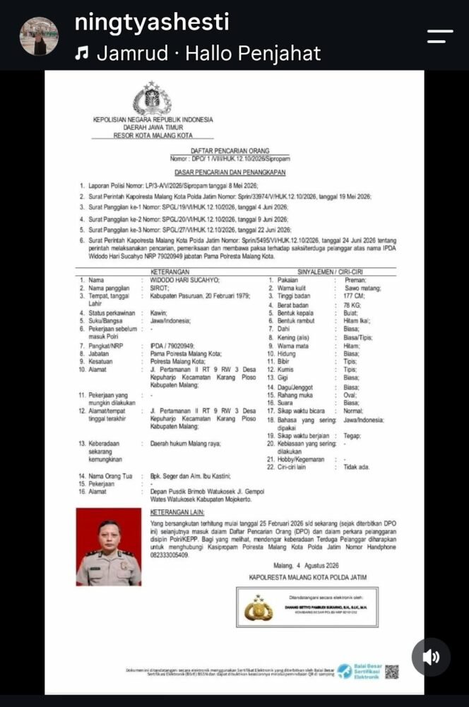 
					Pengacara Pandepokan Lesanpuro Malang, Hestiningtyas SH memosting surat DPO atas nama Ipda Wibowo Hari Sucahyo. Foto: instagram@ningtyas