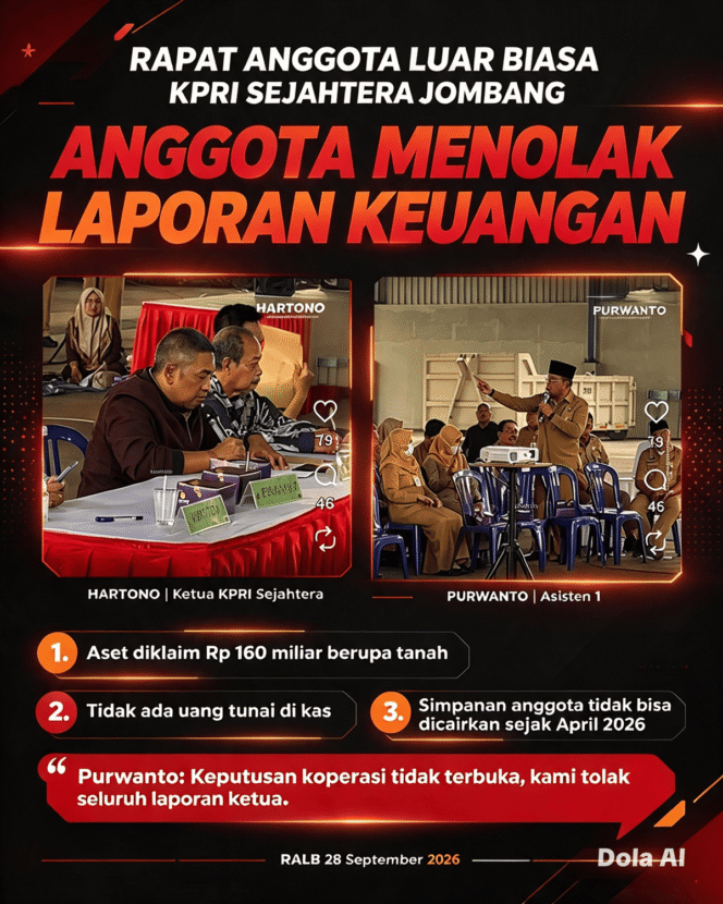 
					RABL Koperasi Sejahtera Jombang, Senin, 28 September 2026, berlangsung panas. Ketua Koperasi tidak mekaporkan soludi, tetapi bernarasi persoalan hingga tidak punya uang dalam kas. Grafis: ist