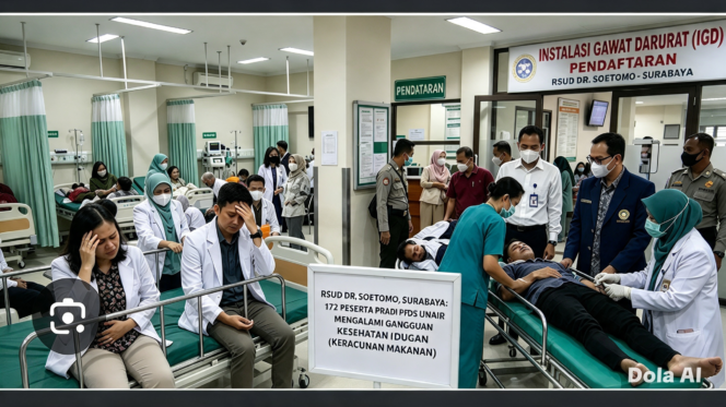 
					Sebanyak 172 dokter peserta PPDS di TSUD Dr. Soetoko, Surabaya, alani keracunan massal setelah makan makanan dari katering penyedia khusus rumah sakit. Foto: victory bees