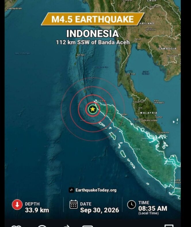
					Terjadi gempa berkekuatan magnetudo 4.5, terjadi Rabu pagi, 30 September 2026, di kawasan Aceh Barat Daya. Foto: earhtquake.today.org