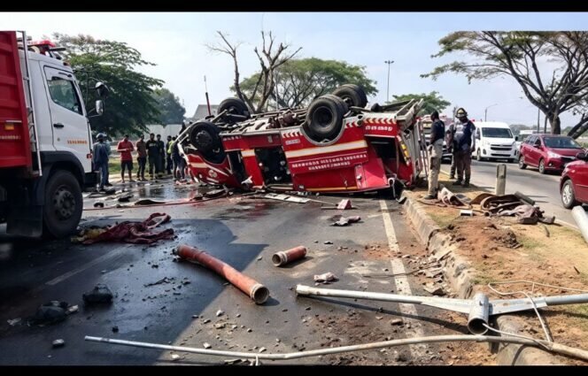 
					Terjadi kecelakaan tunggal sebuah mobil Damkar Pemkab Pangkep, Sulsel, tiga petugas gugur, empat lainnya dirawat di rumah sakit, Selasa, 29 September 2026. Foto: ist