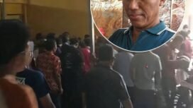 Setiap bulan sekali jatuh pada hari Jumat Legi, Agus Karim (insert) dan keluarga menggelar aktivitas makam soto gratis di halaman masjid di sekretariat Golkar Jombang. Foto: swarajombang.com/ priyo suwarno