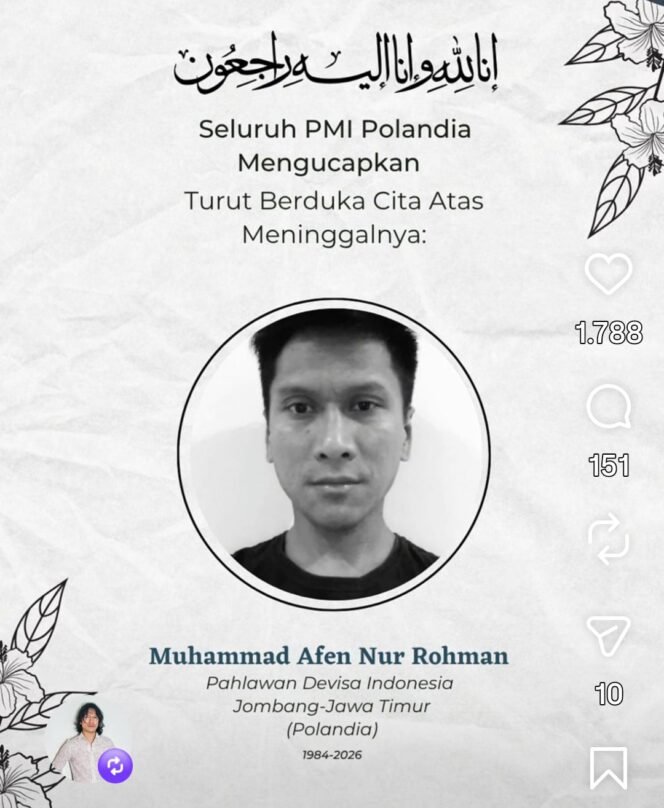 
					Ucapam bela sungkawa dari sesama komunitas PMI yang bekerja di Polandia, atas meninggalnya Muhammad Afen Nur Rohman, sudah seminggu jenazahnya masih tertahan. Belum bisa dibawa pulang ke Jombang, Jatim. Foto: instagram@titik_kumpul_97