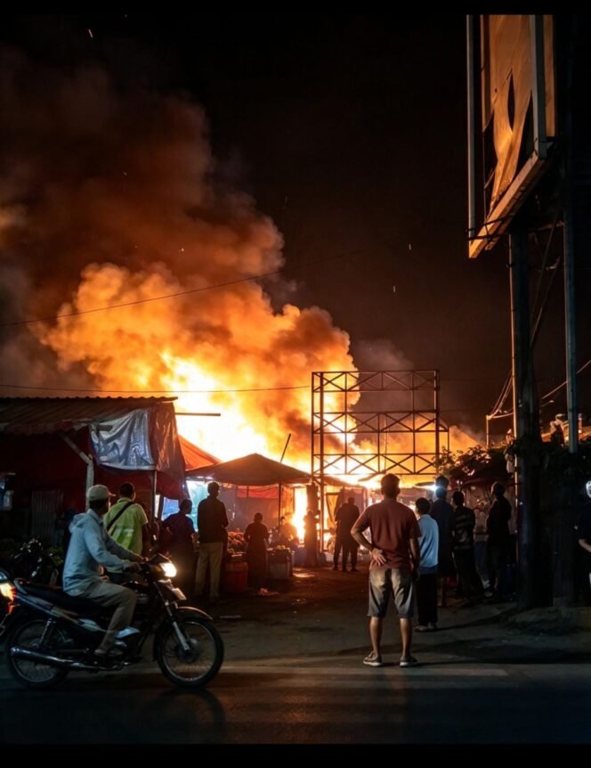 
					Kebakaran menimpa pasar Cujir, Diwek, Jimbang, Rabu malam, 21 Oktober 2026. Petugas Damkar pun bertugas memadamkan hingga Kamis pagi. Foto: ist