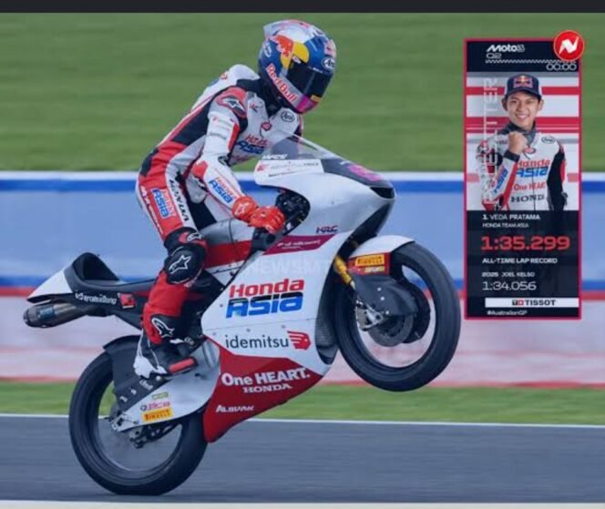 
					Pebalap muda Indonesia, Veda Ega Pratama raih pole position di ajang babak penyisihan Moto3, di arena Philip Island, Australias. Foto: ist